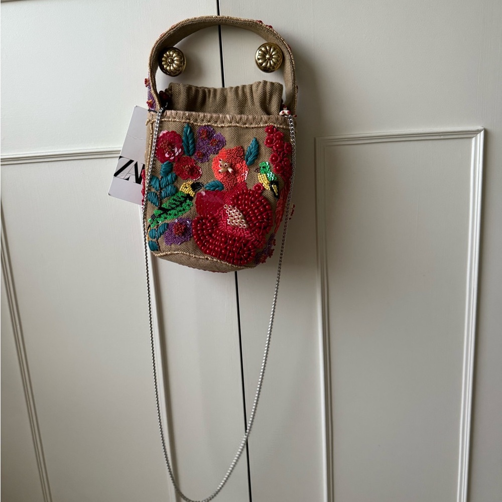 NWT ZARA BEADED BASKET BAG - Picture 8 of 16